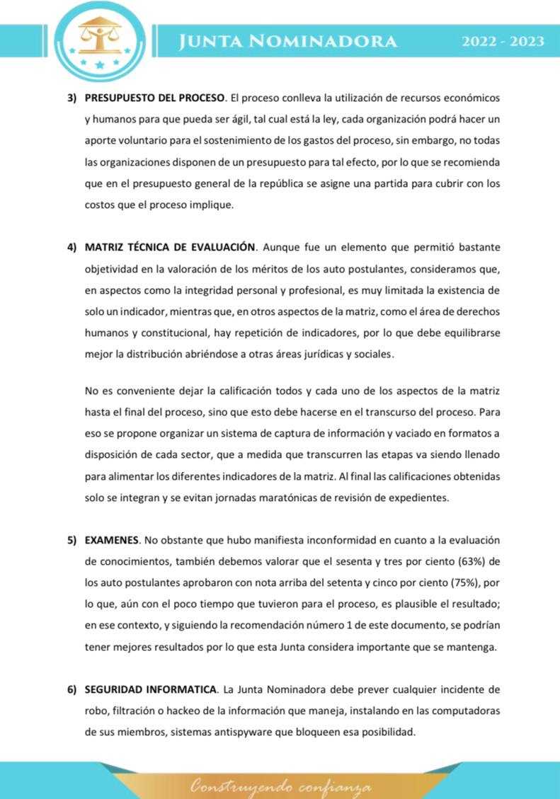 Recomendaciones finales de la Junta Nominadora 